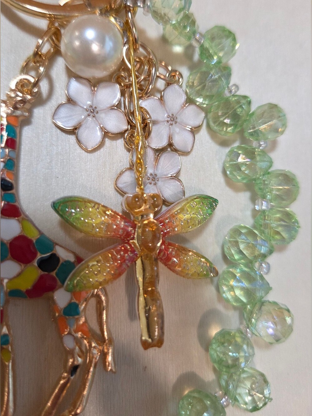 Whimsical Enameled Giraffe Dragonfly Bag Charm Keychain Green Beaded Wristlet - Picture 6 of 16